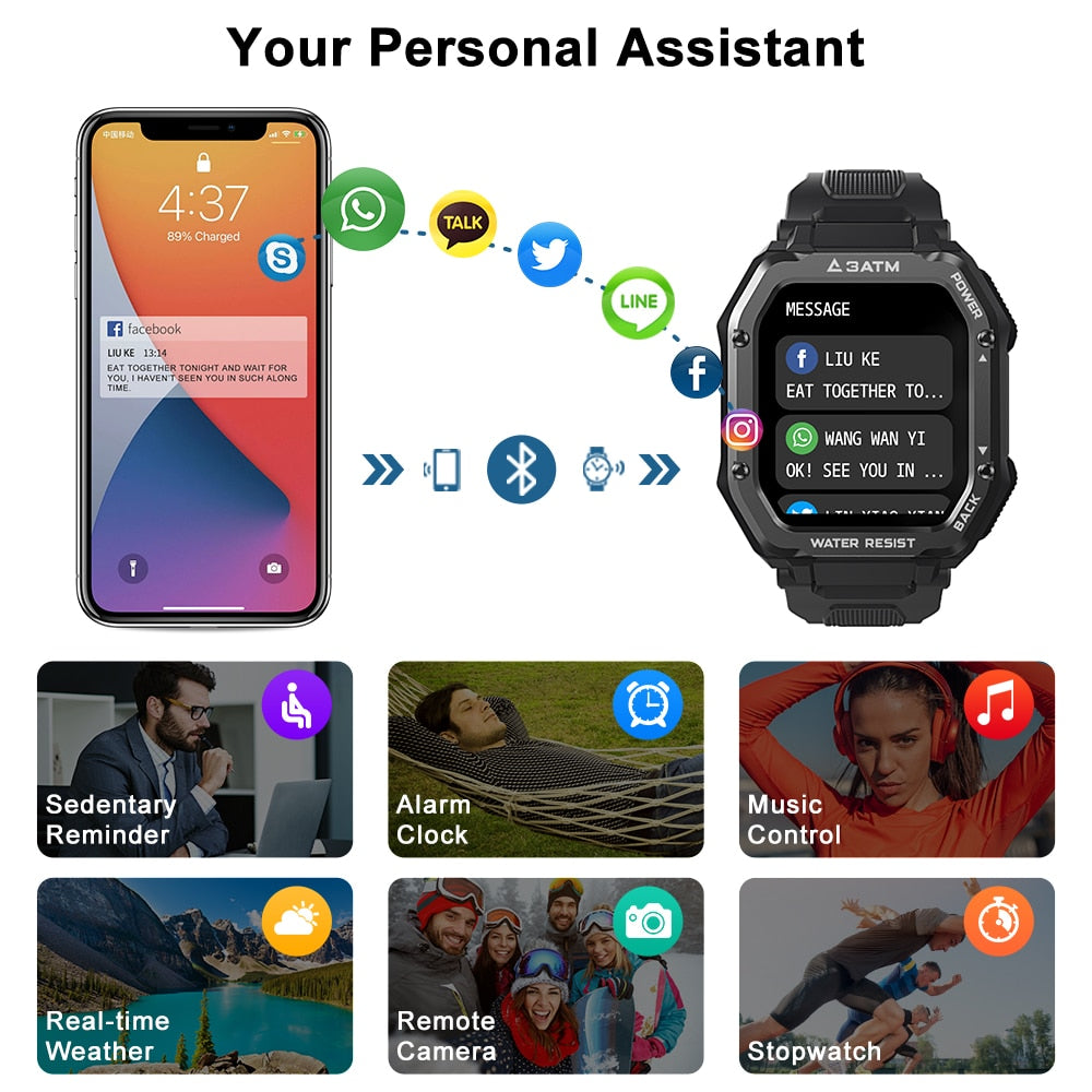 Rugged Smart Watch Men Outdoor Sports Fitness Health Tracker