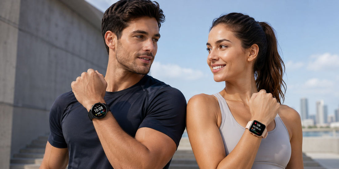 Man and woman wearing smartwatches outdoors with a cityscape in the background