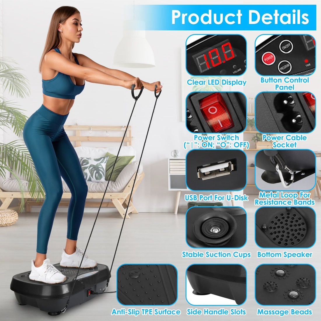 Whole Body Vibration Plate Exercise Machine 1–120 Speed Levels with 2 Resistance Bands, Touch & Remote Control Vibration Platform with Bluetooth USB Music Play for Home Fat Loss Workout