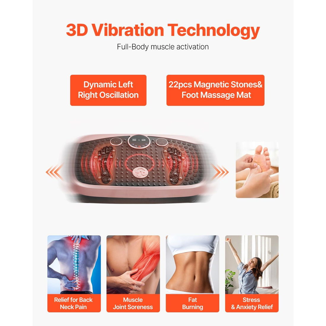 Vibration Plate Exercise Machine, Whole Body Shaker with Magnetic Acupoints for Lymphatic Drainage and Weight Loss, Home Workout Gym Fitness Equipment with 2 Resistance Bands for Women Men, Pink