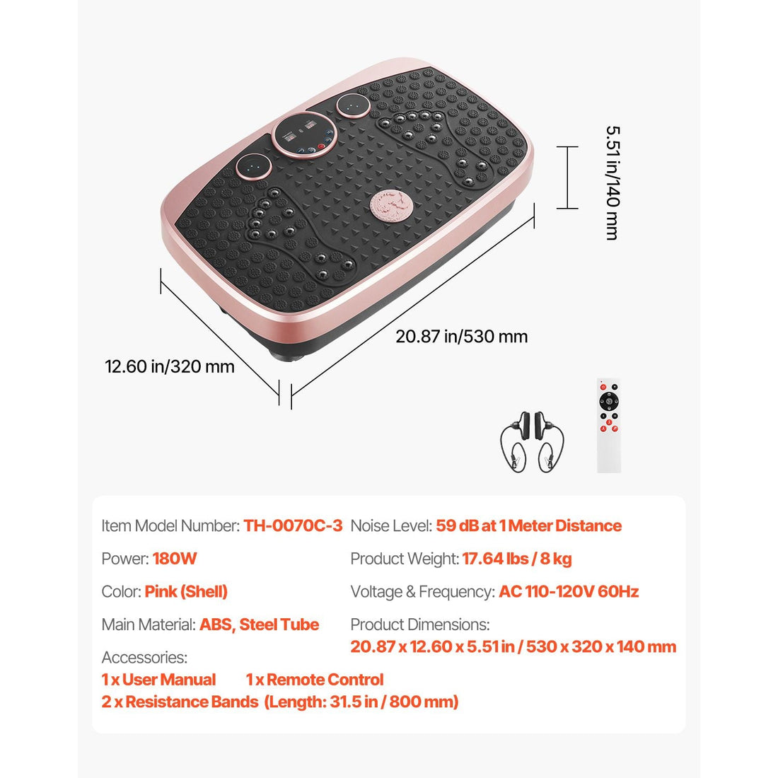 Vibration Plate Exercise Machine, Whole Body Shaker with Magnetic Acupoints for Lymphatic Drainage and Weight Loss, Home Workout Gym Fitness Equipment with 2 Resistance Bands for Women Men, Pink