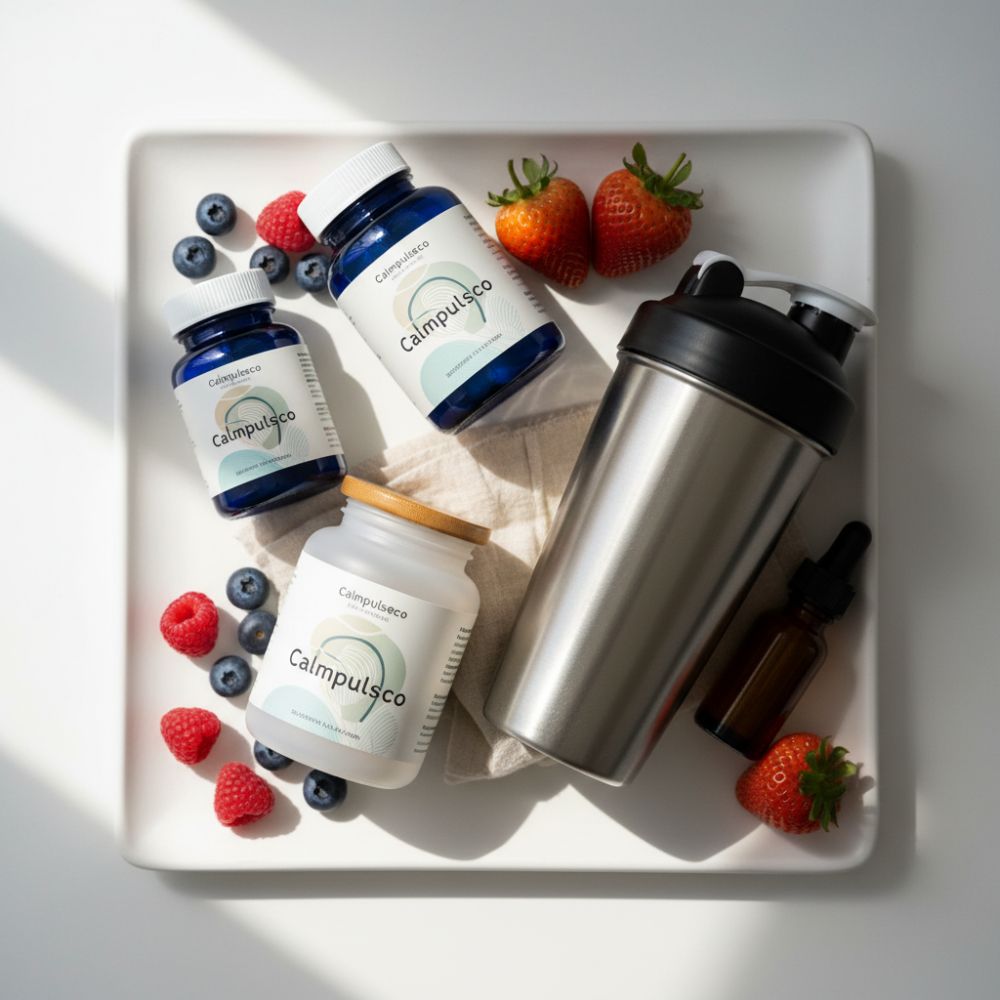 Calmulsco supplement bottles with a shaker and berries on a white tray