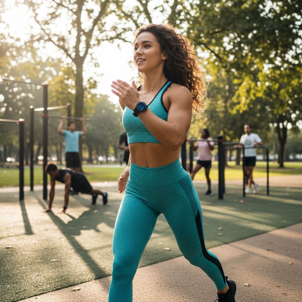 Woman in teal athletic wear clapping in a park setting with other people exercising in the background.